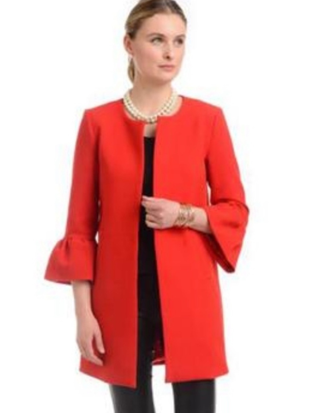 NEW Patty Kim Kelly Red Ruffle Sleeve Open Front Jacket Coat - l